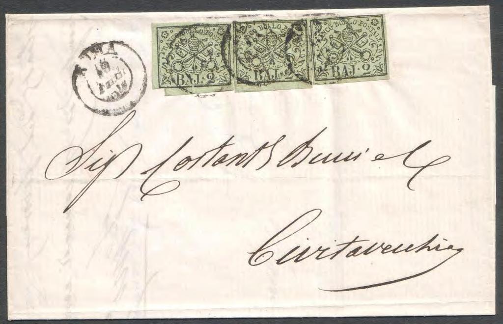 18 ottobre 1859, lettera primo porto spedita da CIVITAVECCHIA (Direzione Postale) a ROMA, affrancata per 3 bajocchi.