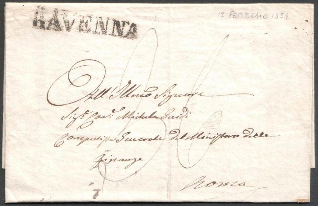 1 a Distanza 2 Raggio > 3 a Distanza 9 febbraio 1857, lettera doppio porto spedita da ROMA a RAVENNA (Direzione Postale), affrancata per 12 bajocchi.
