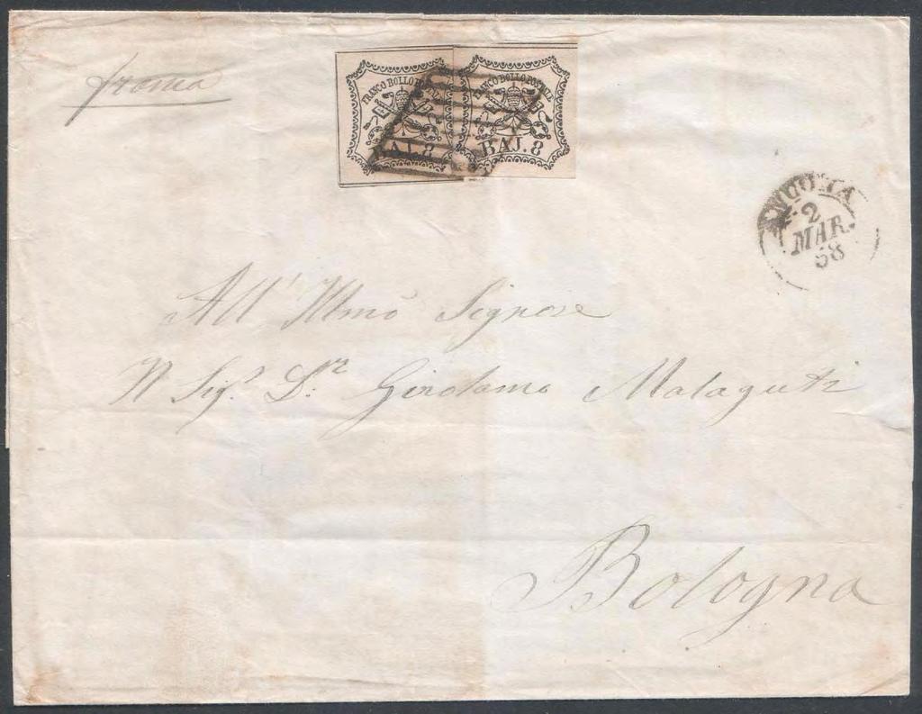 Dalla 3 a Distanza 2 gennaio 1857, lettera primo porto spedita da BOLOGNA (Direzione Postale) a MACERATA (Direzione