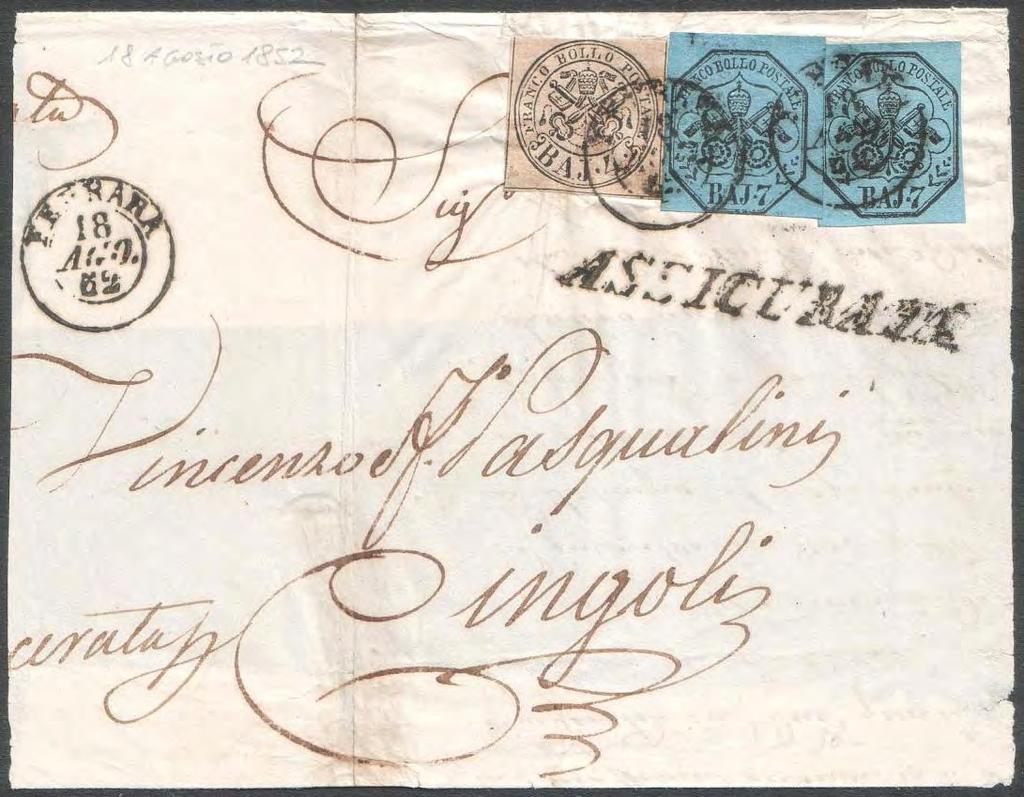 Dalla 2 a Distanza 19 maggio 1852, lettera raccomandata triplo porto spedita da ANCONA (Direzione Postale) a LUGO (Distribuzione Postale di 1 a Classe dipendente da