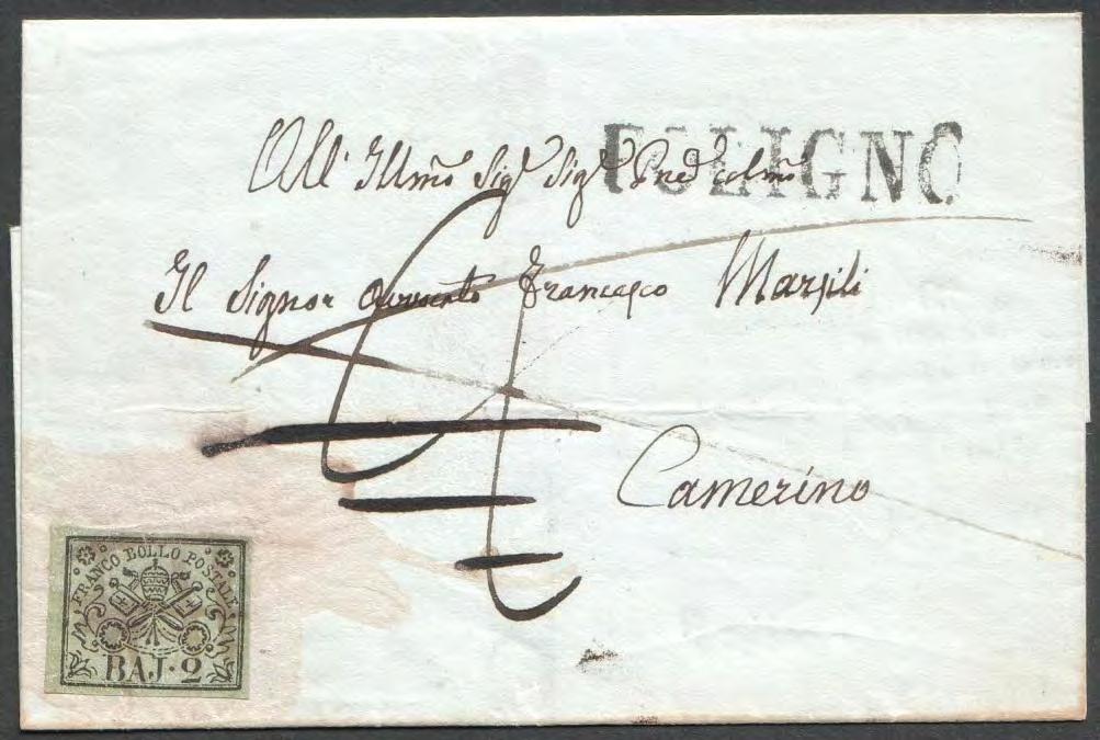 1 a Distanza 1 Raggio > 2 a Distanza 9 luglio 1854, lettera primo porto spedita da FOLIGNO (Direzione Postale) a CAMERINO (Direzione Postale), affrancata per 2 bajocchi.