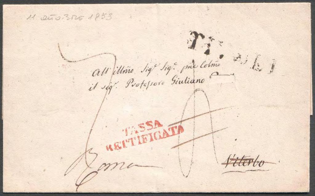 RISPEDIZIONI 11 ottobre 1853, lettera non affrancata spedita da TIVOLI a VITERBO tassata in arrivo 4 bajocchi (primo porto per lettere in transito da Roma).
