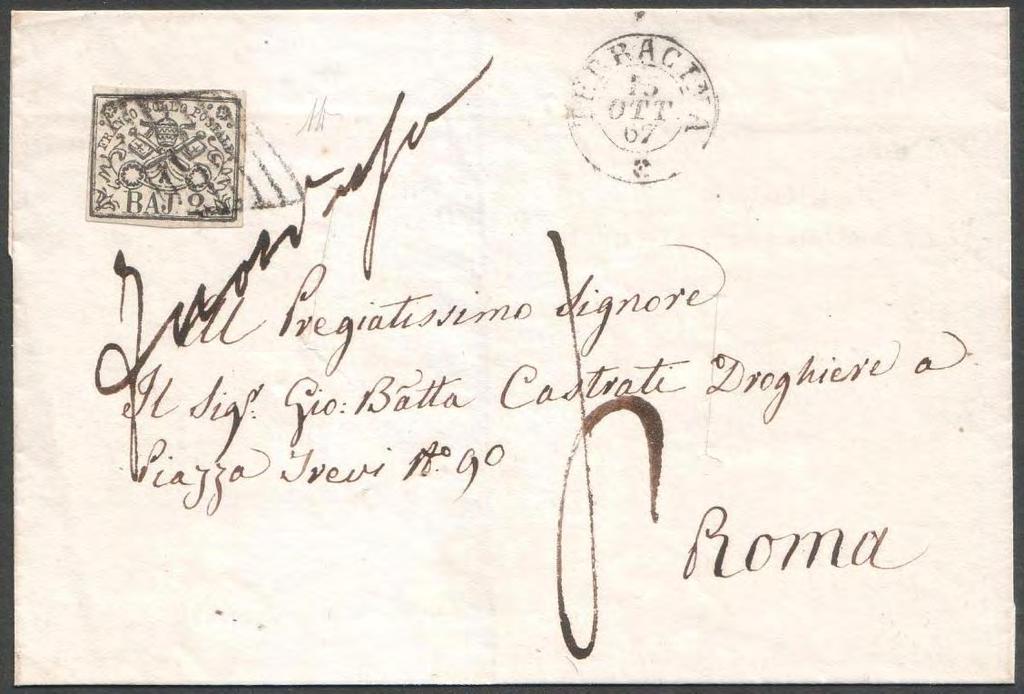 23 settembre 1867, lettera spedita da MONTE ROTONDO (Distribuzione Postale di 1 a Classe dipendente da Roma) a ROMA (Direzione Postale), affrancata per 2 bajocchi.