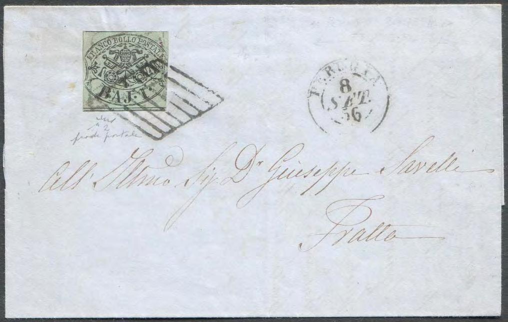 FRODI POSTALI NON SCOPERTE 8 settembre 1856, lettera spedita franca a destino da PERUGIA (Direzione Postale) a FRATTA, affrancata con un francobollo da 1 bajocco già utilizzato (riporta chiaramente i
