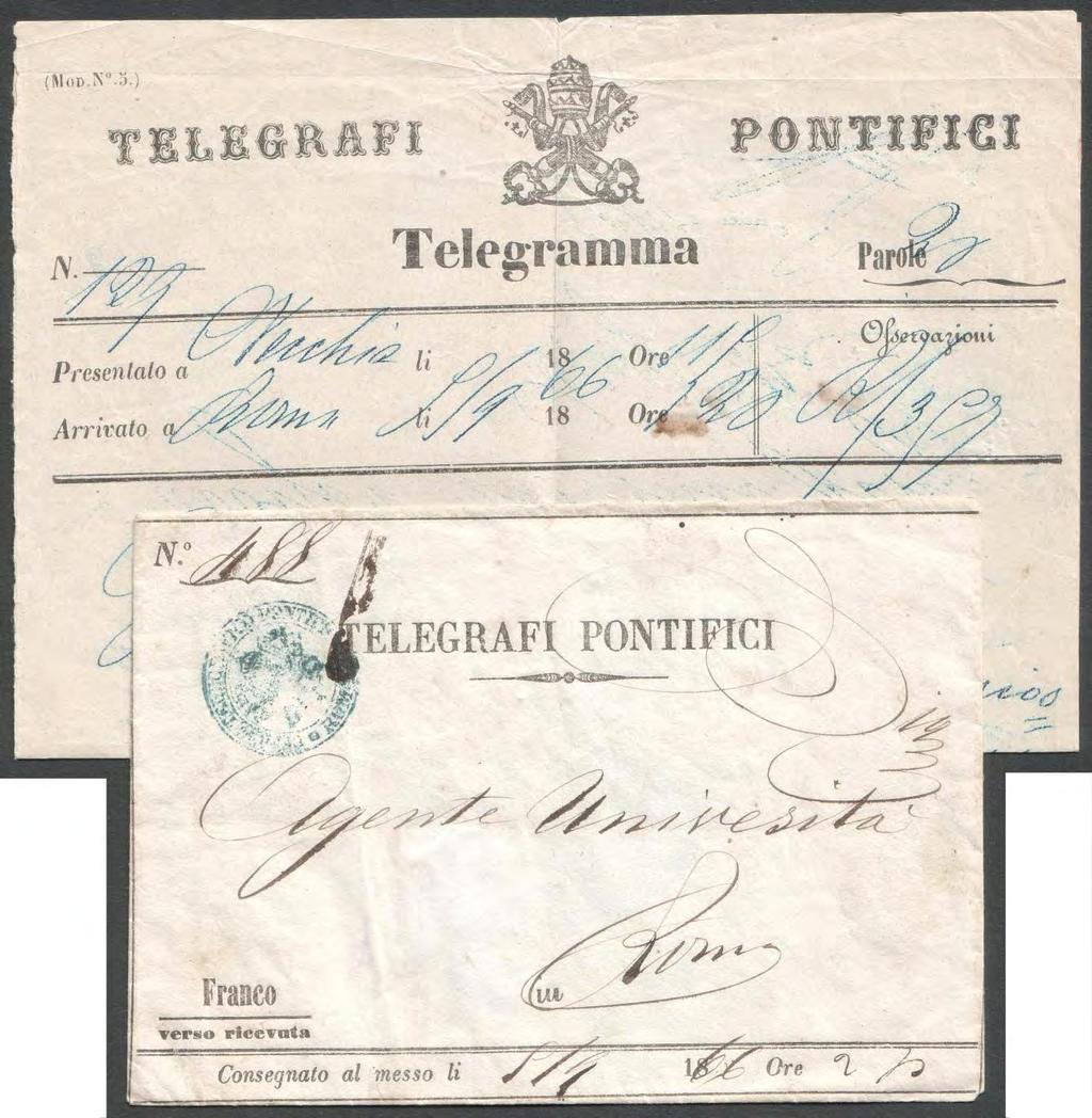 SERVIZIO TELEGRAFICO Il servizio telegrafico venne introdotto nello Stato Pontificio nel 1853 ad uso esclusivo del governo e di alcune autorità.
