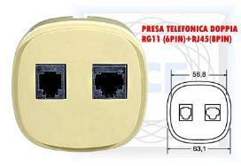 Corpo:  Fissaggio cavi: a vite PRESA MURO MOD.DOPPIA 6+8 POLI GT008800 PLUG CAVO PIATTO TEL.8CONT/8P.