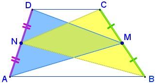 EQUISCOMPONIBILITÀ Problema P.367.41 Dato un trapezio ABCD, considera i due triangoli che hanno ciascuno per base uno dei due lati obliqui e per terzo vertice il punto medio del lato opposto.