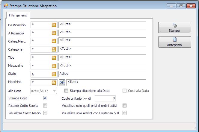 Situazione Magazzino Ricambi La valutazione della situazione di magazzino per effettuare eventuali successivi acquisti, avviene attraverso una serie di stampe.