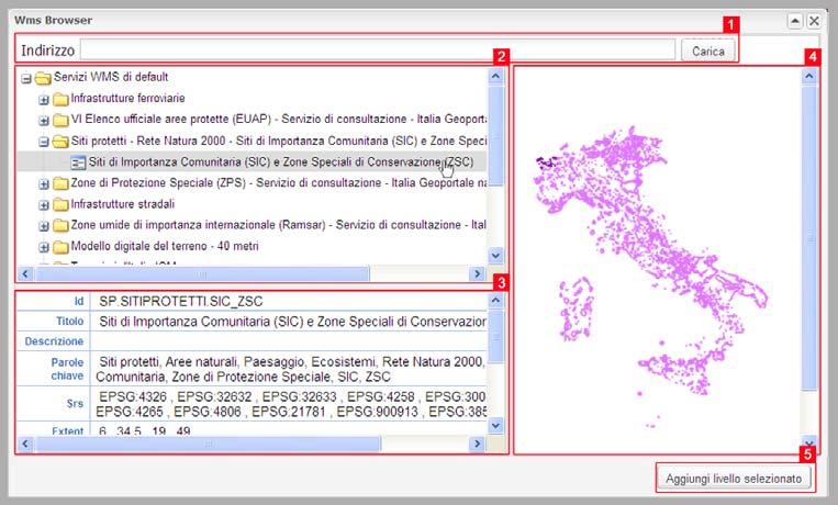 1.2.2. Aggiungi livello sulla mappa Aggiungi WMS: selezionando l icona si apre la finestra WMS Browser, strumento che permette di caricare e visualizzare sulla mappa un servizio WMS.