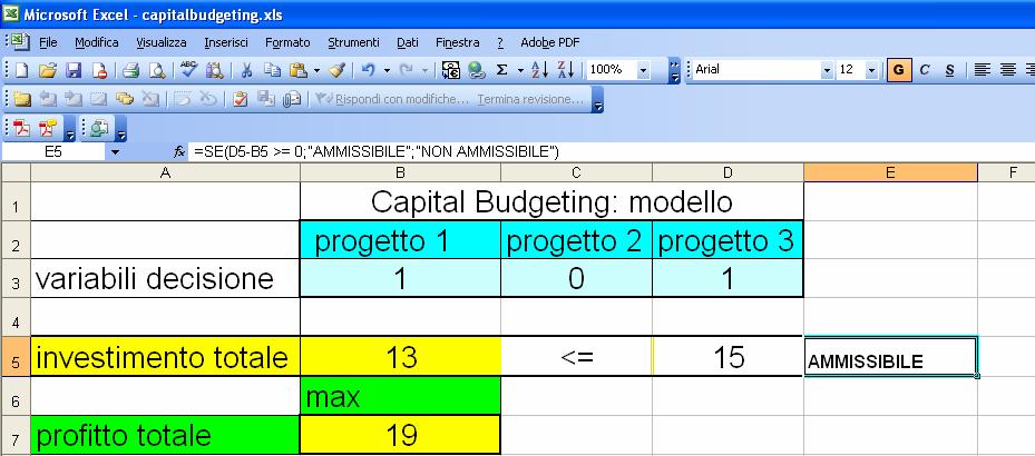 Figura 13.2: Tabella Excel relativa al problema di Capital Budgeting. di input che sono state utilizzate.