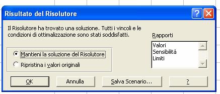 Questo messaggio specifica se il Solutore ha trovato o no la soluzione ottima Selezionare il rapporto che si desidera generare Questo bottone specifica al Solutore se deve o non memorizzare il valore