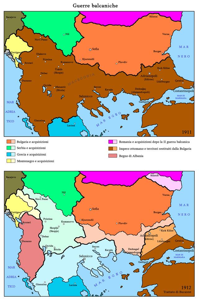 Assetto confinario prima e dopo le due guerre balcaniche. La seconda guerra balcanica, conosciuta come Guerra tra gli alleati, fu una delle cause che avrebbe condotto alla Prima guerra mondiale.