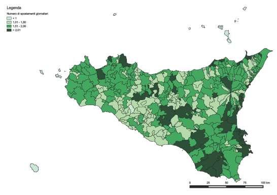 Figura 132 Numero medio di spostamento per abitante e per Comune Figura 133 Vocazione del territorio siciliano in termini di attrattività mobile La cartografia tematica associata alla mobilità di