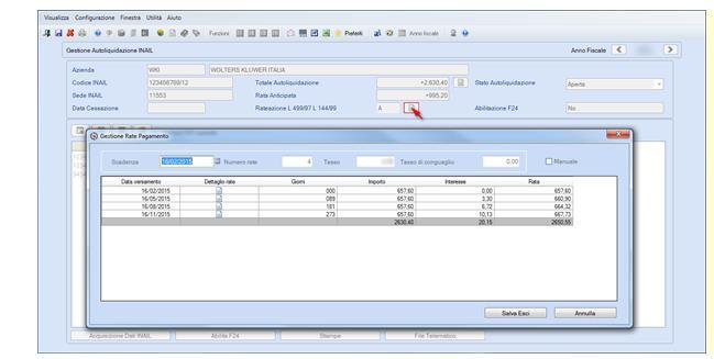 Dal bottone posto a fianco del campo <Rateazione L.499/97 L.144/99> è possibile accedere alla gestione delle rate di pagamento.