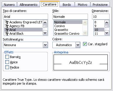 L aspetto dei dati Formato Celle Carattere Di ogni cella si può specificare sia il tipo di carattere sial la dimensione che gli effetti applicabili su