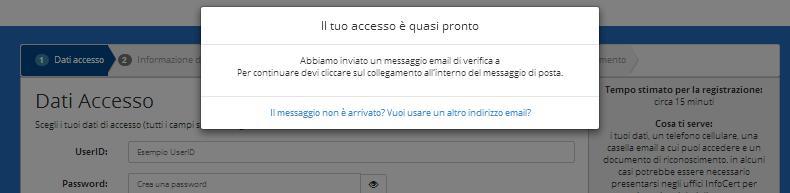 posta elettronica selezionato. L utente deve cliccare sul link all interno del messaggio automatico proseguire con la procedura di richiesta.