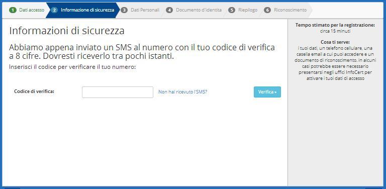 Pagina 9 di 24 FIGURA 5 - INSERIMENTO OTP PER CONFERMA NUMERO DI TELEFONO 2.2.1.5 INSERIMENTO DATI PERSONALI Completato il passaggio precedente, l utente deve ora inserire i propri dati personali.