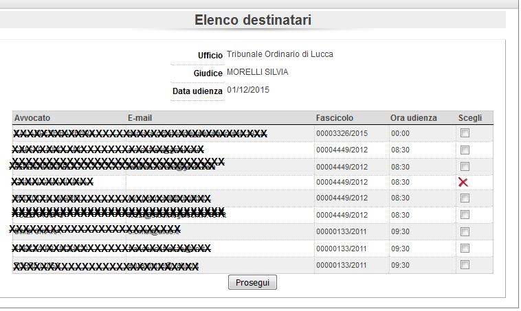 Occorre obbligatoriamente selezionare il giudice che presiede l udienza e la data dell udienza e cliccando sul pulsante Prosegui si ottiene l elenco degli avvocati che risultano costituiti nei