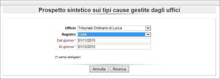 Distribuzione tipi cause sintetica Questa funzionalità permette di ricercare i vari procedimenti iscritti presso il