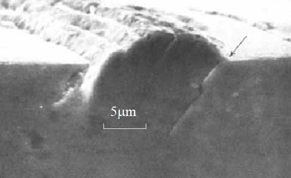 CAPITOLO 11. ASPETTI METALLURGICI DELLA FATICA Figura 11.4: Immagine al microscopio elettronico della nucleazione di una cricca Figura 11.