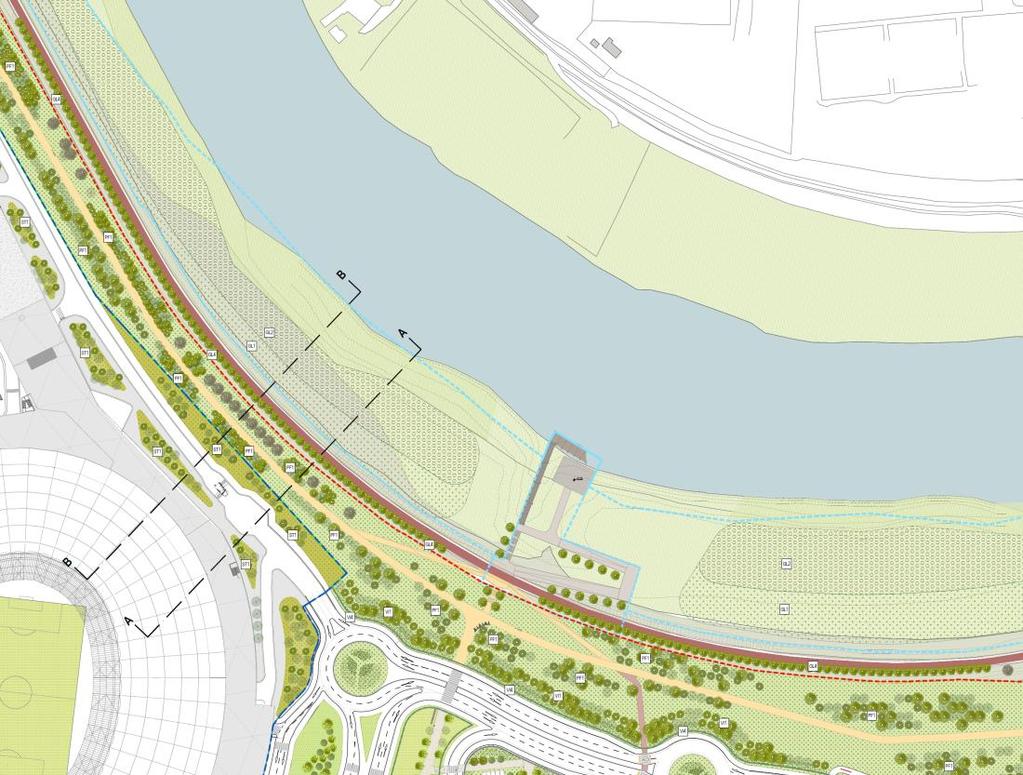 1. Proposta progettuale per una fascia di mitigazione per l impatto dello stadio, delle strade e dei parcheggi prospicenti gli argini La proposta di intervento paesaggistico integrativo, in