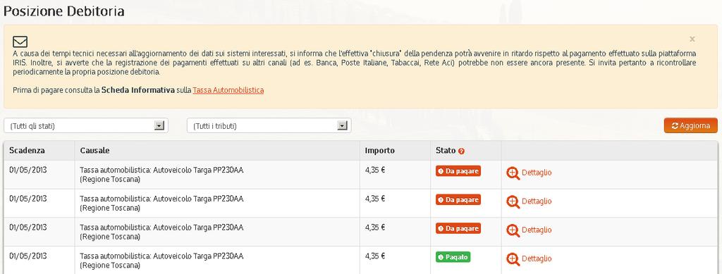 Nella pagina sono presenti i campi: - Scadenza (Data Scadenza) - Causale - Importo - Stato del pagamento - Link di Dettaglio Da cui l utente può: Filtrare e Visualizzare le Pendenze ricevute