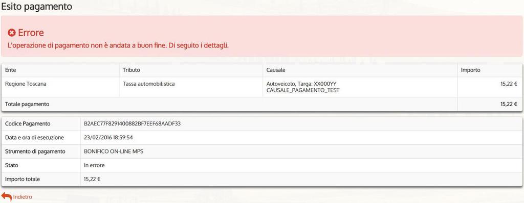In caso pagamento non avvenuto la pagina di esito visualizzata sarà la seguente: Il