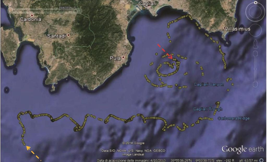 Figura 5. Percorso seguito dal drifter dalle ore 17:30 UTC del giorno 8 settembre 2014 (indicato dalla freccia rossa) alle ore 14:01 UTC del giorno 2 ottobre 2014 (freccia gialla).