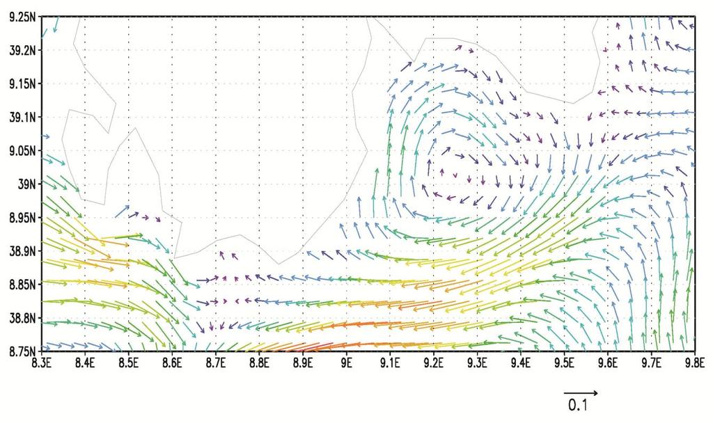 Figura 6.Campo medio giornaliero della velocità superficiale nel Golfo di Cagliari ottenuta dal modello numerico di simulazione WMED (www.seaforecast.cnr.it) per il giorno 12 settembre 2014.