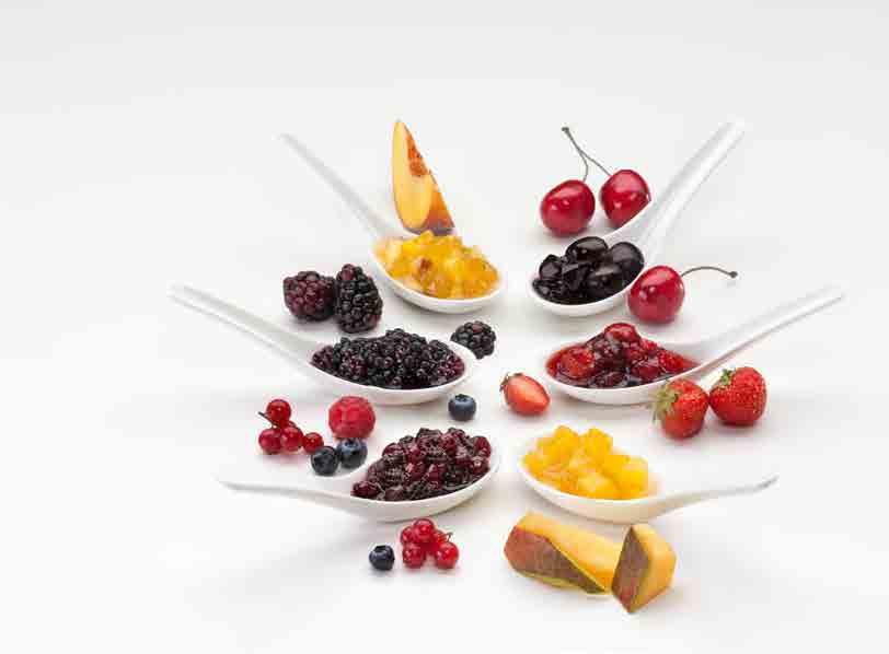Frutta pochèe semicandita Piccoli gioielli di colore, sapore e brillantezza ideali per variegare il gelato, arricchire torte e semifreddi, decorare granite, bicchierini, e
