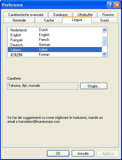 11.4 Scheda Lingua Questa scheda consente di selezionare una lingua nell apposita casella. Se il sistema in uso supporta solo una lingua, questa viene selezionata per impostazione predefinita.
