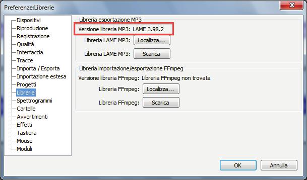 Per verificare se le librerie LAME sono installate, aprire la finestra Modifica!