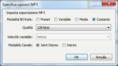 10. Per specificare le opzioni di salvataggio del file MP3 cliccare sul pulsante Opzioni! e quindi premere OK per confermare.