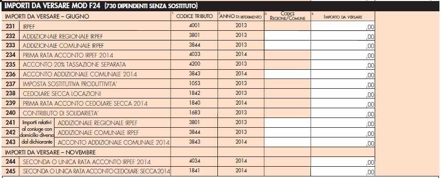 Importi da versare con il modulo F24 per dipendenti senza sostituto. Questa nuova sezione sarà compilata in caso di conguaglio a debito, se è stata barrata la casella presente nel frontespizio mod.