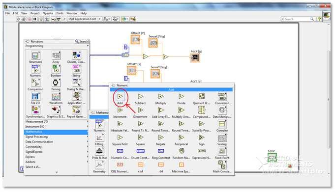 1.2 Virtual Instrument, VI 7 trovano tutti nella controls palette, e la costruzione del pannello frontale si svolge mediante le operazioni denominate di drag and drop, cioè trascina e lascia cadere,