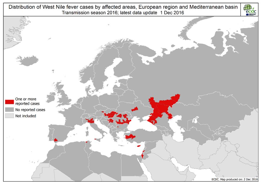 Situazione epidemiologica 2016 EUROPA e BACINO DEL MEDITERRANEO Al 1 dicembre 2016 sono stati segnalati 210 casi confermati di WND nell uomo in Europa e 267 nei paesi del bacino del Mediterraneo.