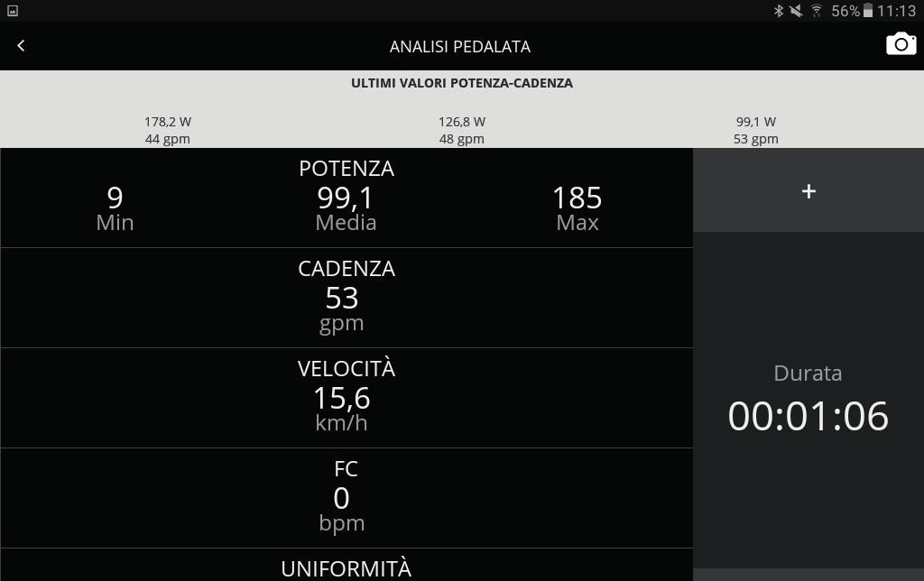 La terza schermata invece visualizza i dati di ogni singola pedalata: _ potenza media Watt _ potenza minima Watt _ potenza massima Watt _ cadenza di pedalata rpm _ velocità km/h _ frequenza