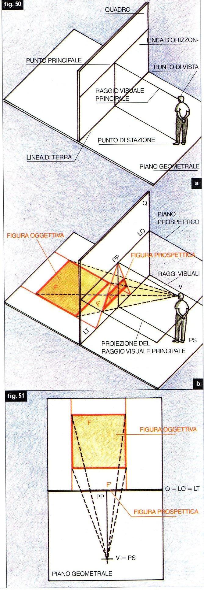 Terminologia V = Osservatore o Punto di Vista (PV) Q = Quadro prospettico F = figura oggettiva di cui si cerca l immagine prospettica Raggio visuale principale = asse del cono ottico Punto principale