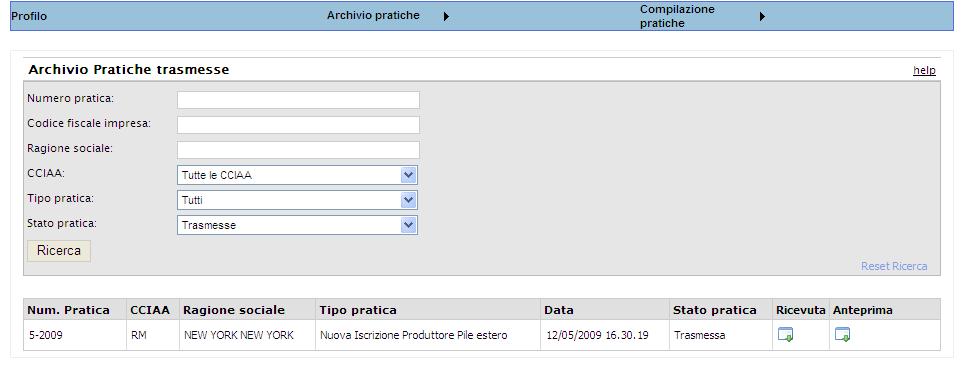 Figura 4-3 archivio pratiche La ricerca può essere effettuata in relazione a più parametri: Numero pratica: numero assegnato alla pratica dal sistema al momento della trasmissione Codice fiscale dell