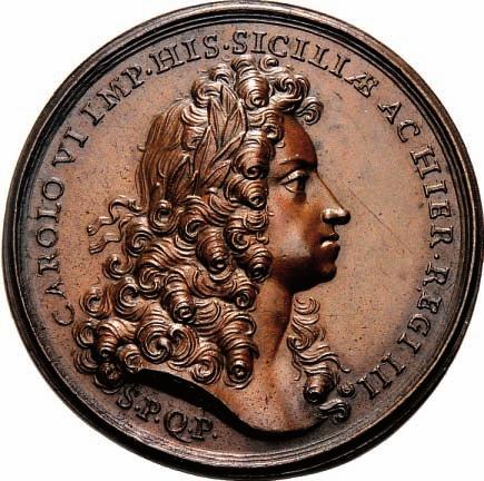 OBVMBRAVIT ME IN DIE BELLI 1720 Figura di vecchio coronato, allegorica di Palermo, assiso su conca, regge la carta della