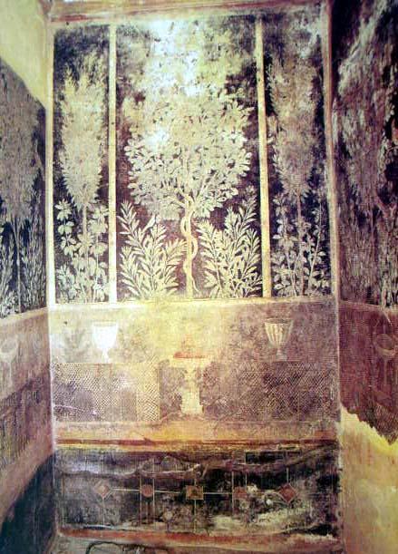 Decorazione delle pareti di una stanza raffigurante un giardino, con fontane, graticci e altri