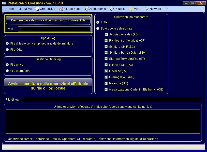 7.8 Menu Network Questo menu contiene una sola funzionalità ed è relativa alla scrittura di un file che tenga traccia di tutte le operazioni effettuate dal software di emissione presso il comune.