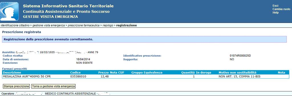 inseriti e clicca sul bottone Firma e Registra, l applicazione chiederà di firmare la prescrizione ed eseguirà la registrazione della prescrizione con il codice identificativo generato (IUP) e