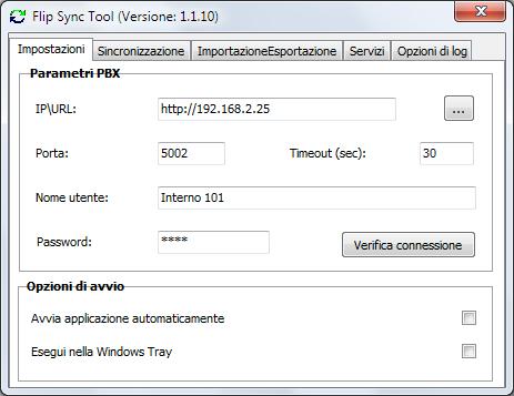 Flip Sync Tool Guida di riferimento IMPOSTAZIONI Parametri PBX IP / URL Inserire l'indirizzo IP (o l'url) del centralino FLIP