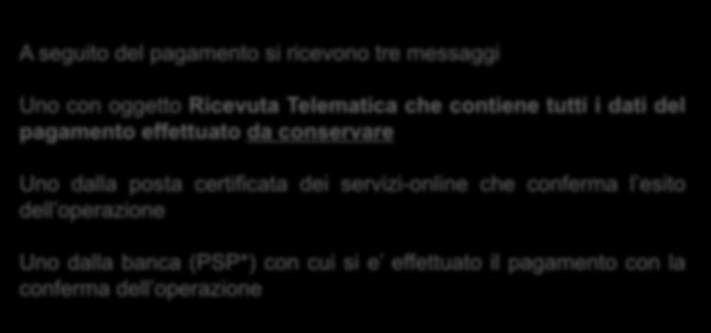 A seguito del pagamento si ricevono tre messaggi Uno con oggetto Ricevuta Telematica che contiene tutti i dati del pagamento effettuato da conservare Uno dalla posta certificata dei servizi-online