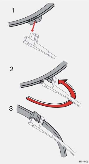 Sostituzione delle spazzole dei tergicristalli Sollevare il braccio del tergicristallo e piegare la spazzola a 90 gradi rispetto al braccio.