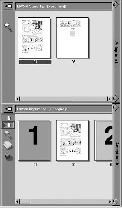 7-19 Visualizzazione in anteprima, modifica e fusione dei lavori Per sostituire le pagine, trascinare le pagine nella finestra Anteprima B sopra le pagine della finestra Anteprima A.