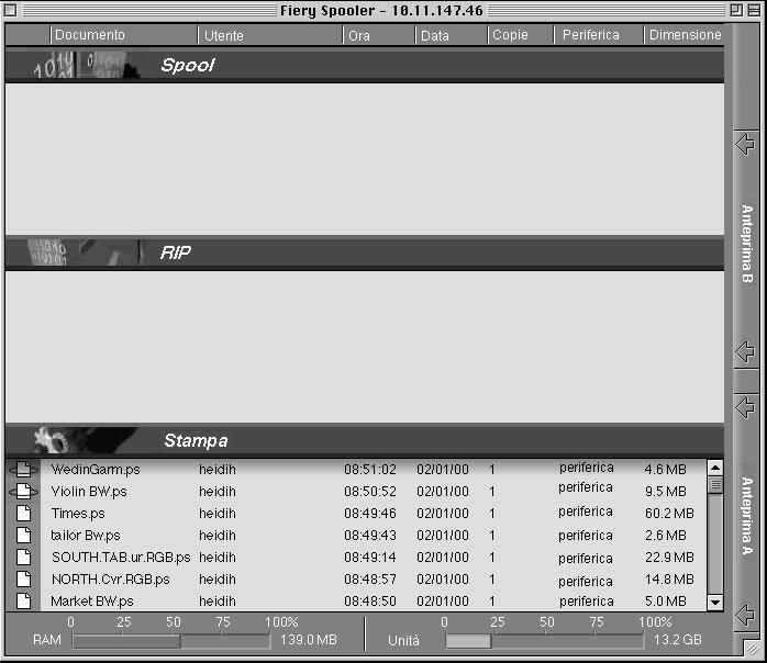 7-23 Fiery Spooler per computer Mac OS 3. Fare clic su OK. Viene visualizzata la finestra principale di Fiery Spooler.