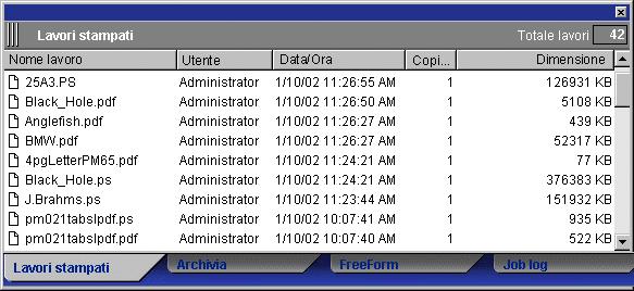 2-4 Introduzione a Command WorkStation Finestra Lavori La finestra Lavori visualizza le informazioni sui lavori che sono stati stampati correttamente sull unità Fiery collegata.