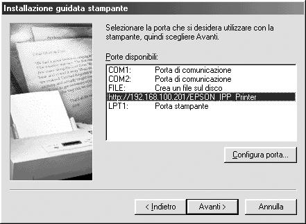 Selezionare la porta aggiunta da EpsonNet Internet Print nella sezione precedente.